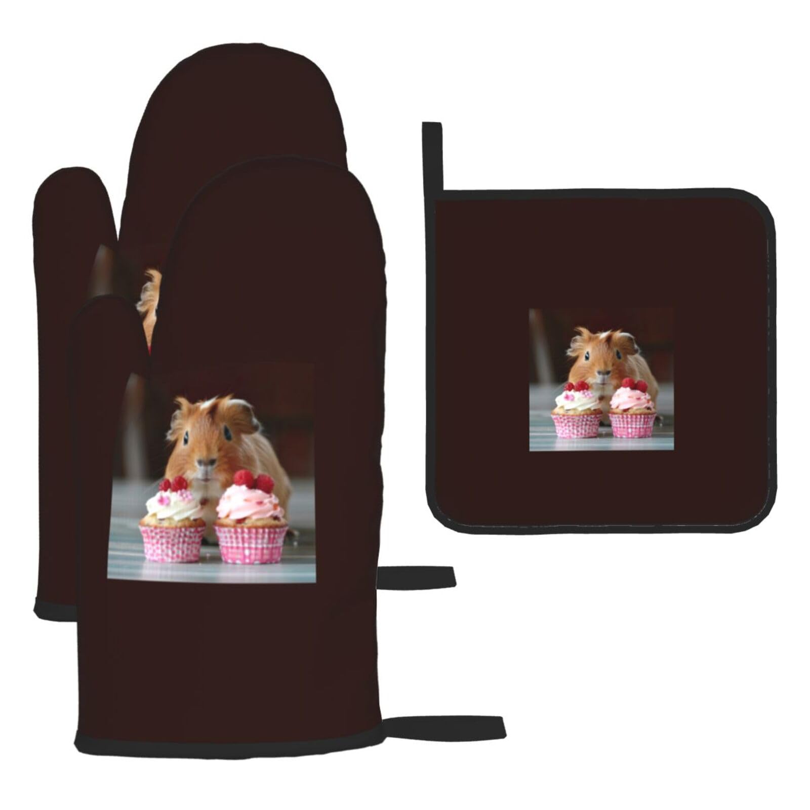 Guinea Pigs And Cupcakes Print Oven Kitchen Gloves For Baking Outdoor Grilling Home Use Mitts Microwaving Bbq