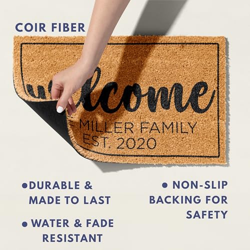 Image of Personalized Doormat with Family Name & 6 Designs, 18 inch x 30 inch - Durable Coir Fiber with Anti-Slip Backing, Outdoor-Indoor Use