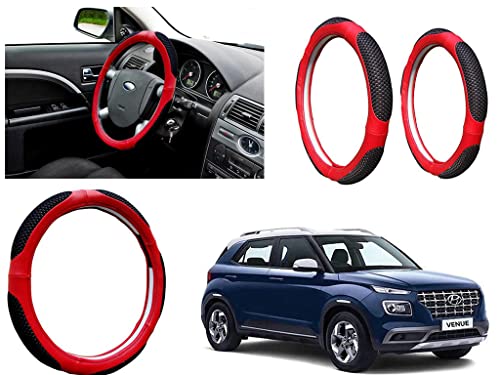 Image of Microfiber Car Steering Wheel Cover, Soft Padding Great Hand Feel, Anti-Slip, Faux Leather Steering Cover for Hyundai Venue | Black Red Jali - Pack of 1