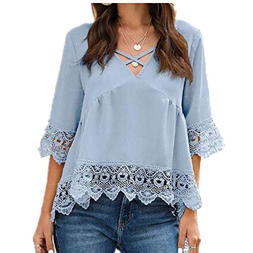 Preisvergleich Produktbild Sommer V-Ausschnitt Lose FüNf-Punkt-äRmel Spitze Hohle Spitze LäSsig Chiffon-Shirt Tops Damenbekleidung