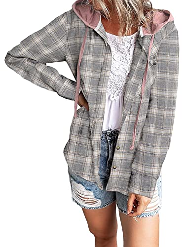 Image of Knemksplanet Women Plaid Hooded Shirt Drawstring Flannel Sweatshirt Hoodie Jacket Casual Button Down Blouse Tops with Pocket