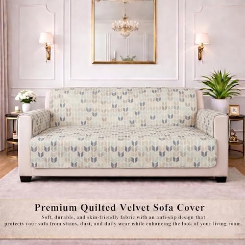 Image of STITCHNEST 'CloudFeel Series' Quilted Printed Velvet Sofa Cover for 2 Seater | Premium Soft Velvet Sofa Protector | Beige Blue Geometric Leaf Pattern Design with Armrest Pockets | Furniture Cover