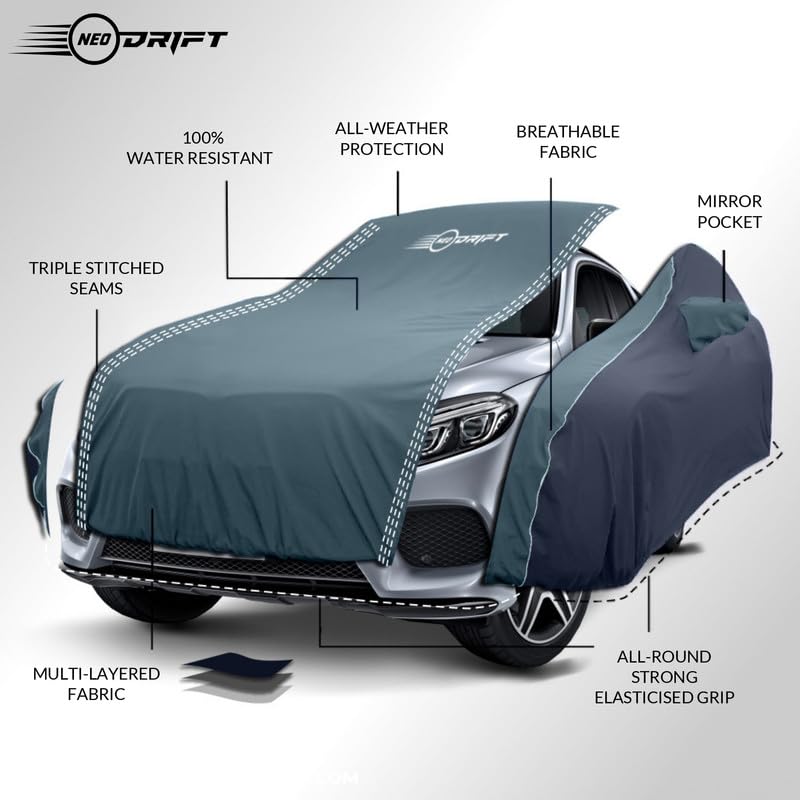Image of NEODRIFT 'SuperTech' Car Cover for Tata Bolt (100% Water-Resistant, All Weather Protection, Tailored Fit, Multi-Layered & Breathable Fabric) (Colour: D.Green+Black)