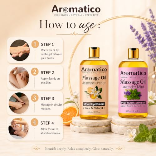 Image of AROMATICO - Lavender Mint & Jasmine Orange Massage Oils Pack of 2. For Mood Upliftment, Muscle Relaxation & Skin Nourishment, 100% Natural, Non-Sticky 300ml Pack of 2