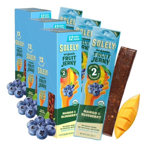 Image of SOLELY - Organic Mango Blueberry Fruit Jerky - 12 Individually Wrapped Strips - Fruit Leather Made from Dried Fruit - Healthy Snacks for Adults & Kids - Non GMO, Vegan Snacks - 0.8oz (23g) (Pack of 3)