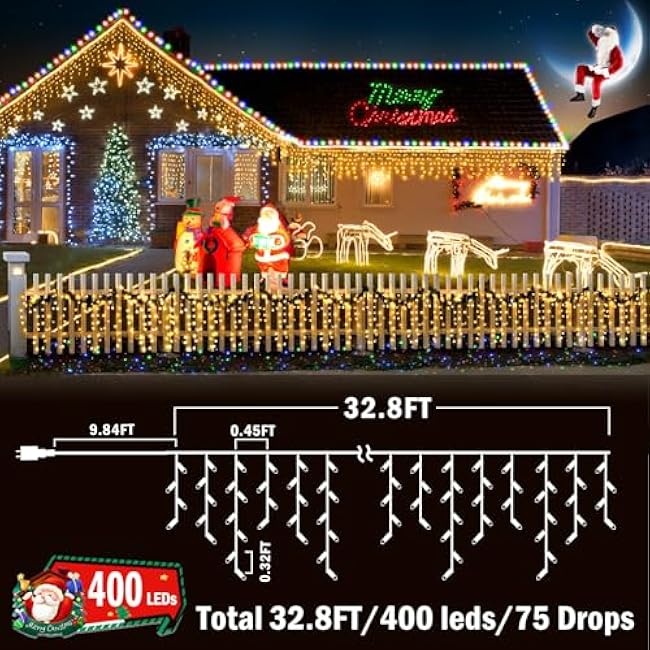 KNONEW Christmas Lights Outdoor Decorations 400 LED 33ft 8 Modes Curtain Fairy String Light with 75 Drops, Clear Wire LED String Light Indoor Decor for Wedding Party Christmas Decorations Warm White