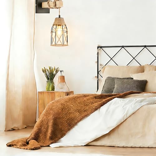 Image of 1 Pack Industrial Hemp Rope Pendant Lamp Shade, Small Vintage Boho Hanging Light Shades, Mini Rustic Metal Cage Lampshade for E27 Chandelier Wall Sconces Ceiling Hanging Pendant Light Fixture