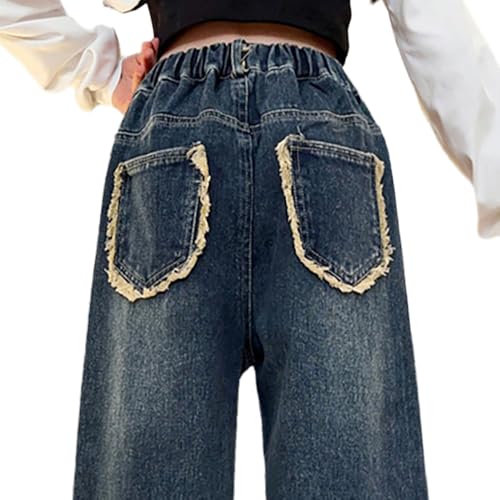 Tween Girls Fashion Baggy Jeans-Casual Raw Hem Elastic Waistband Wide Leg Loose Denim Pants with Pockets4