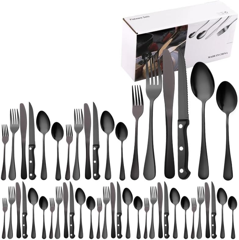 鏡面仕上げ収納付きステンレスカトラリーセット48点 防錆 銀食器 ナイフ・スプーン・フォーク ステーキナイフ付き 食洗機対応 8人用