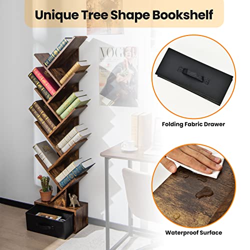Giantex Tree Bookshelf With Drawer, 10 Shelf Space Saving Rustic Brown Wooden Bookcase, Freestanding Retro Wood Storage Rack, Decorative Bookshelf With Storage #TOP6