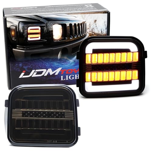 iJDMTOY Blackout Smoked Lens White LED Halo Driving Light/Amber Sequential Blink LED Front Turn Signal Light Assembly, Compatible with 2006-2010 Hummer H3/H3T