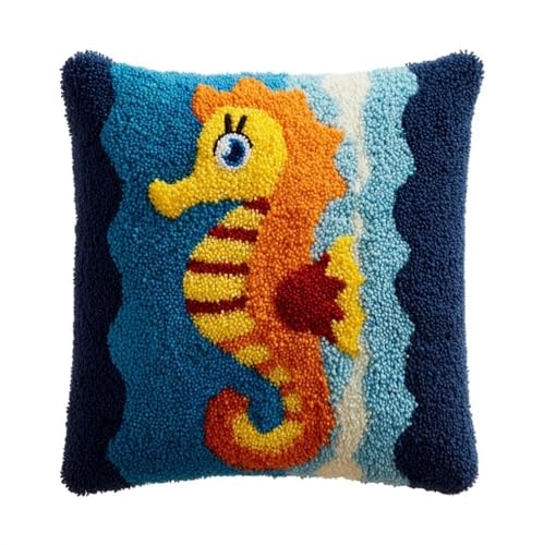 AxiangziK Kit de cojín de gancho con cierre,caballito de mar de dibujos animados kit de tejer cojín,43x43cm fabricación de alfombras para principiantes adultos