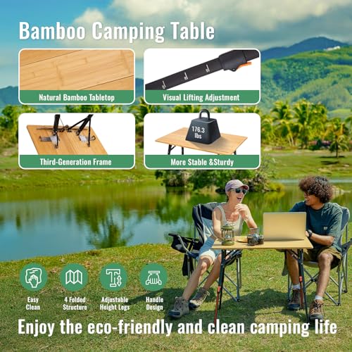 KingCamp-Bamboo-Folding-Table-with-Visual-Adjustable-Height-Aluminum-Scale-LegsPortable-Outdoor-Camping-table-with-Carry-Bag-Roll-Up-Table-Top-Camp-Tables-for-Picnic-Party-BeachIndoor