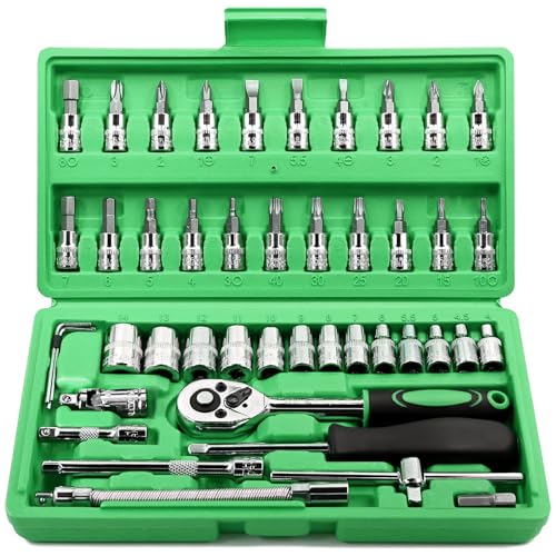 Egofine 46 Pieces 1/4 inch Drive Socket Ratchet Wrench Set, with Bit Socket Set Metric and Extension Bar for Auto Repairing and Household, with Green Storage Case