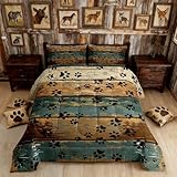 Manfei Dog Paw Comforter Set Queen Size, Cartoon Animals Claw Print Bedding Set 3pcs, Rustic Farmhouse Down Comforter for Kids Boys Girls Room Decor, Brown Teal Wooden Plank Bed Set for All Season