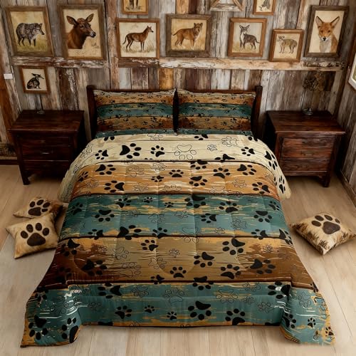 Manfei Dog Paw Comforter Set Queen Size, Cartoon Animals