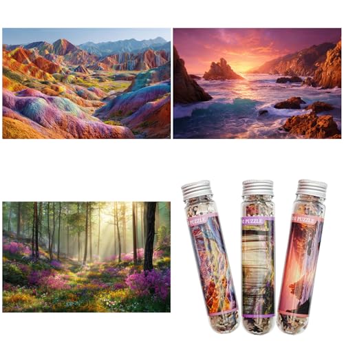 Rompecabezas pequeños para adultos Mini piezas micro 3 paquetes | Rompecabezas desafiante pequeño Mini rompecabezas 150 piezas Paisaje bosque playa atardecer montaña 6 x 4 pulg miniatura 1