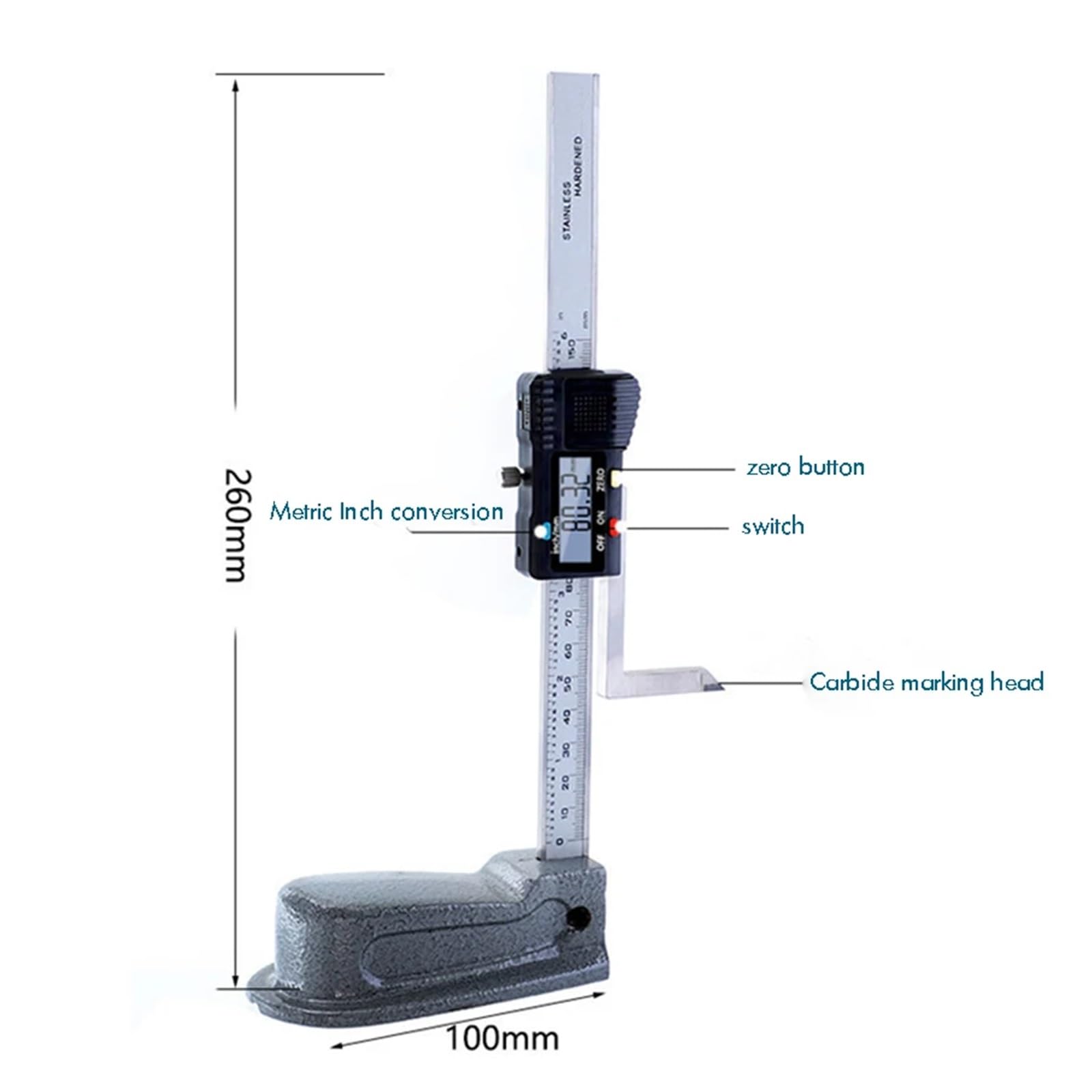 Calibrador de altura digital de 0 a 150 mm, calibrador electrónico for carpintería con puerto de salida de datos, 0,01 mm, conversión a pulgadas métricas