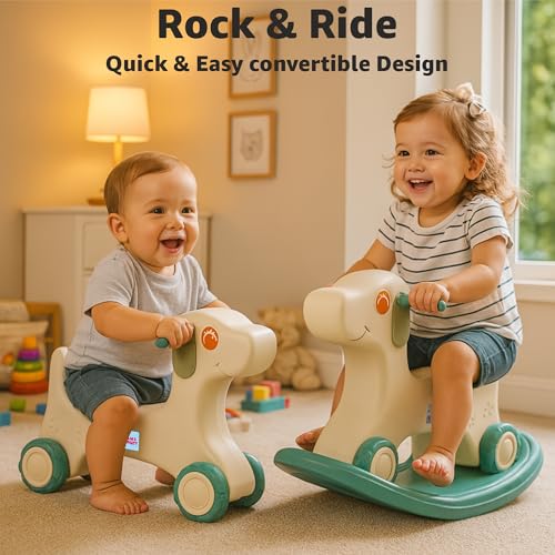 Image of Amazon Brand - Jam & Honey 3-in-1 Puppy Push On Ride On Rocker for Kids | Balancing Board | Backrest | Easy Grip | Four Wheel | Durable and Safe | Lightweight | Animal Theme | 12 Months+ | Green