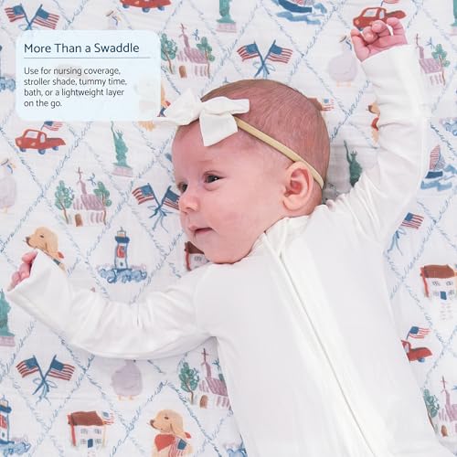 Image of LollyBanks Baby Swaddle Blanket 4th of July, 100% Cotton Neutral Muslin Blankets for Boys and Girls, Breathable 47 x 47 Inches Receiving Blanket, Soft and Lightweight Baby Wrap, Registry (USA Print)
