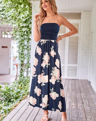 GRACE KARIN Women Strapless Dress Casual Loose Ruched Long Maxi Dress with Pockets — view 3