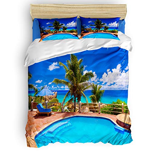 Yogaly Home Bedding Set 4 Pieces King Size Duvet Cover Set for Adults/Teens/Kids Holiday Swimming Pool Printed Bed Sheets, Duvet Cover, Flat Sheet, Pillow Covers