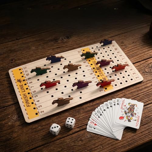 Deluxe Wooden Horse Racing Board Game with 8 Wooden Horse Tokens, 2 Dice & 2 Poker Sets, Portable Non-Folding Tabletop Game for Adults & Family Entertainment