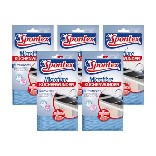 Spontex Microfibre Küchenwunder, 3D Mikrofaser-Pad mit Schwammkern, ideal für alle Küchenoberflächen, effizient gegen Schmutz und Fettrückstände, 5 x 1 Stück