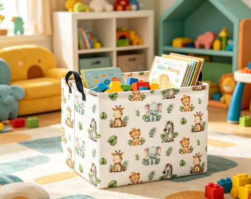 Image of Rectangular Kids Basket Baby Girl Basket Fabric Storage Bin Organizer Box Room Decor(Leaf Animal)