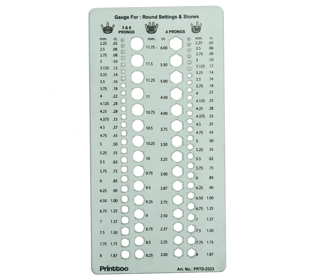 Printtoo Round Settings & Stones Gauge Template, 2mm Transparent Green Acrylic Jewelry Designing Stencil, 26 Size Gauges with mm & ct Markings for 3, 4, 6 Prong Stone Settings for Jewelry Studios