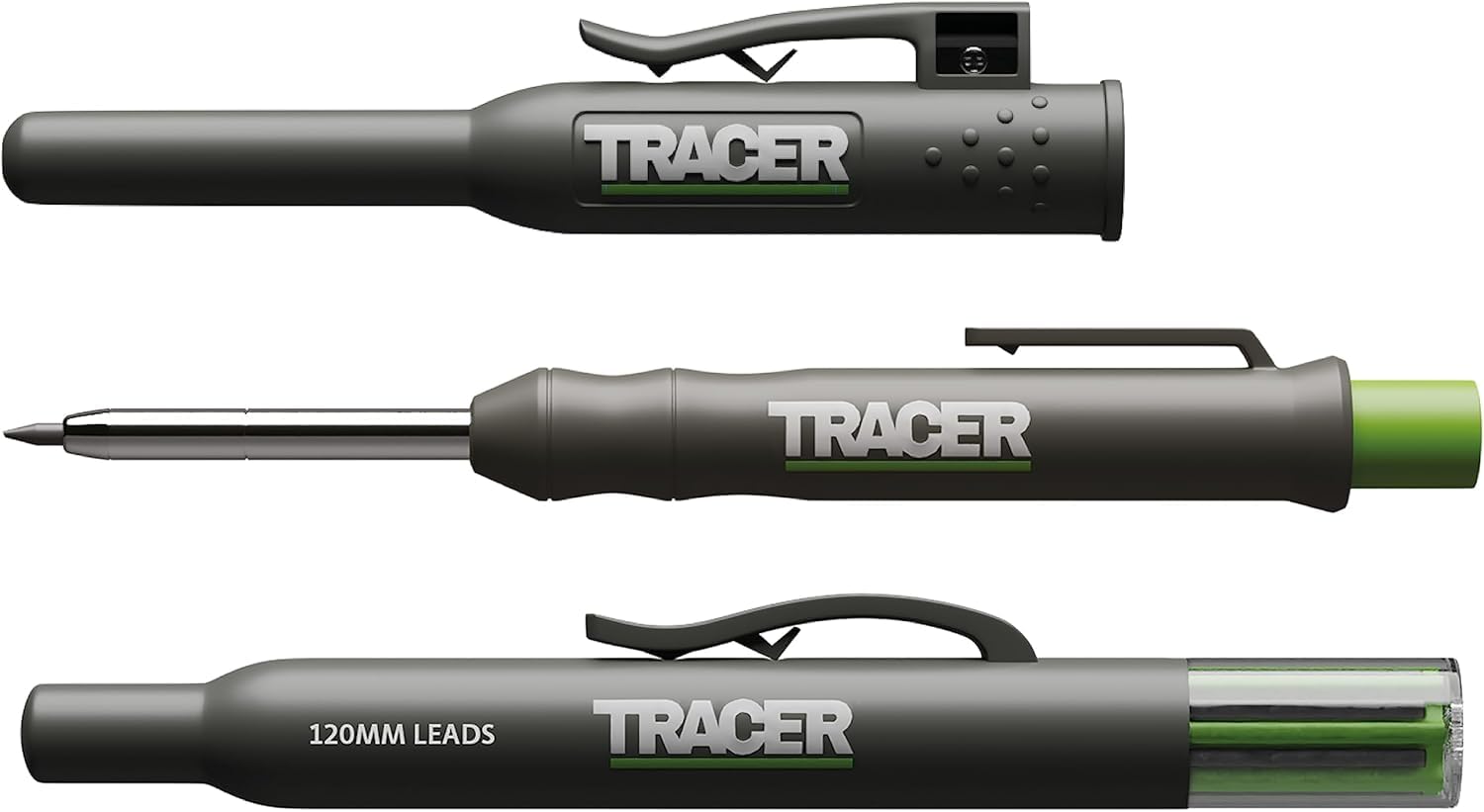 Tracer Apst2 Cyrkiel Stolarski, Szary/Zielony, 120 mm & Tracer Amk1 Marker Ołówkowy, Czarny, 3 sztuki