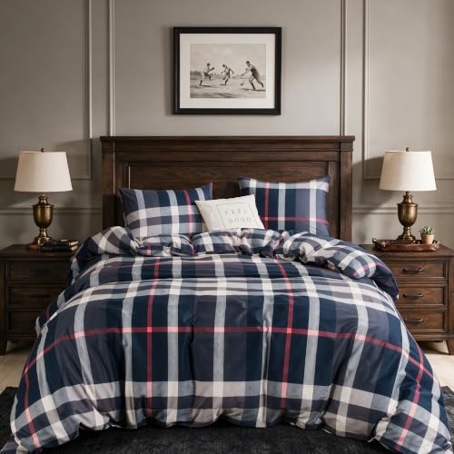 CLOTHKNOW Blue Red White Plaid Comforter Set California King 3Pcs