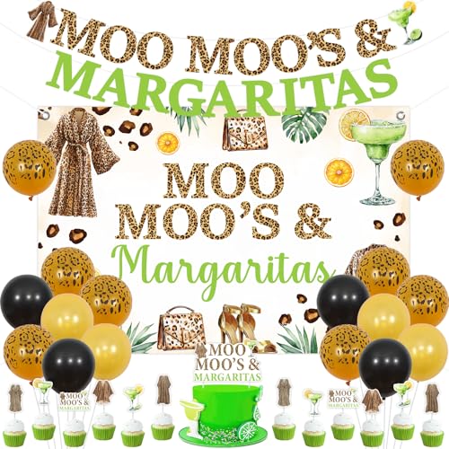 JOYMEMO Moo Moos and Margaritas Birthday Decorations for Women Female Margarita Backdrop Banner Cake Topper Cupcake Toppers Margs Theme Party Supplies