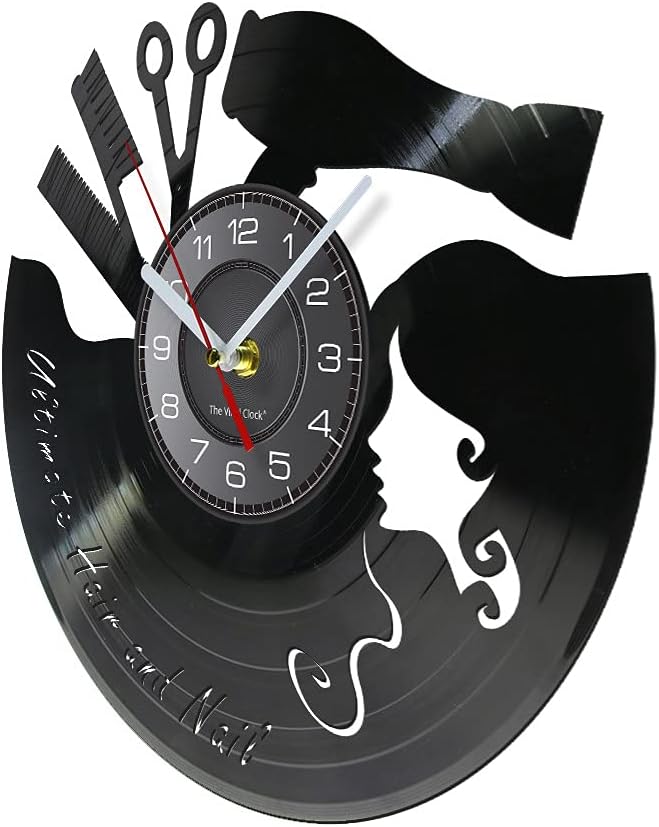 Custom Beauty Salon Name Multi Color LED Light Vinyl Record Wall Clock Lady Hairstylist Personalized Name LED Luminous Silent Clock Retro Album Crafts Watch (Without Light, Custom Design)