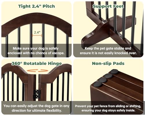 PrimeZone 96" Wide Dog Gate with Door 30" Tall 4-Panel Pet Gate Indoor | Solid Acacia Wooden Freestanding Puppy Gates, Foldable Dog Fence for Doorways, Stairs, Support Feet Included, Brown - Image 6