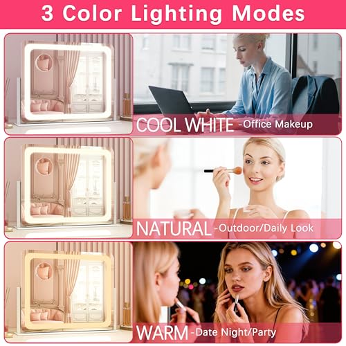 Image of ROLOVE Large Vanity Mirror with Lights, 22 inchx17 inch Lighted Makeup Mirror for Desk, 3 Color Dimmable LED Lights, Smart Touch Control & 360 Rotation Tabletop Dresser Mirror (White)