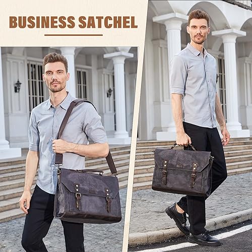 VASCHY 17 inch Laptop Messenger Bag, Vintage Waxed Canvas Leather Water Resistant Mens Satchel Briefcase Bag Business Shoulder Bag Gray - Thumbnail 2
