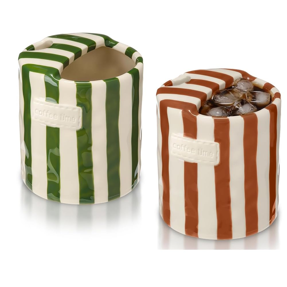 Hndhbfgrt Ceramic Coffee Mug 10 Oz, 2 Pieces with Sip Hole, Retro Hand Painted Striped Espresso Cup