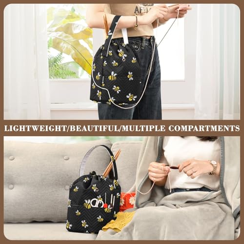 Image of Fustylead Bee Large Yarn Storage Tote Basket, Knitting Crochet Drawstring Organizer Bag for Crocheting Project, Yarn Balls, Needles Accessories