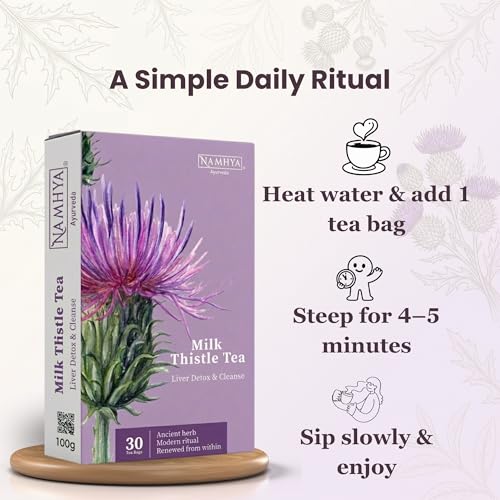 Image of Namhya Milk Thistle Tea | Herbal Tea for Liver Detox & Cleanse, Digestion & Bloating Support | Silymarin Rich Antioxidant Blend for Metabolism, Immunity Support & Liver Health | 30 Tea Bags
