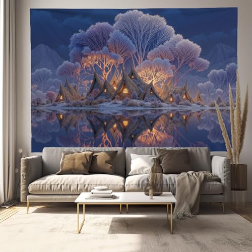 Tapisserie Hiver Fantastique décoration murale tissu grand format bleu blanc