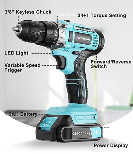 Gardenjoy Cordless Power Drill Set - 21V Electric Drill Driver Kit With Battery And Fast Charger, 65Pcs Acessories, 2 Variable Speed Control, 3/8-Inch Keyless Chuck And 24+1 Torque Setting thumb #7