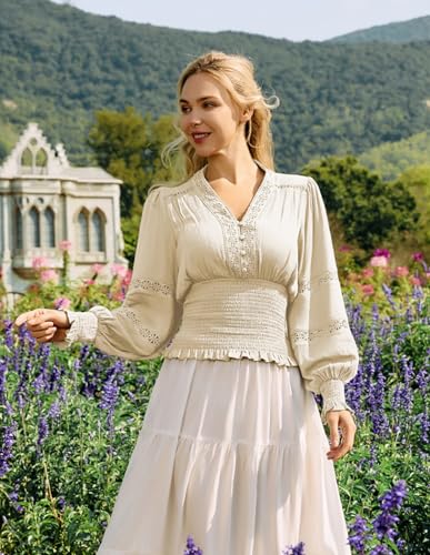 Scarlet Darkness Women's Renaissance Peasant Blouse V Neck Lantern Sleeve Lace Smocked Tops2