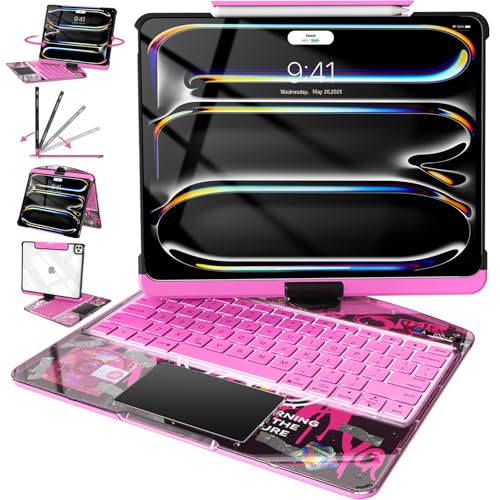 Image of Intermerge Clear Keyboard Case for iPad Pro 13 inch(M5,2025 / M4,2024), 360 Swivel Multi-Touch Trackpad, 7-Color RGB Backlit, Pencil Holder, Type-C, Power Indicator, Blush Pulse