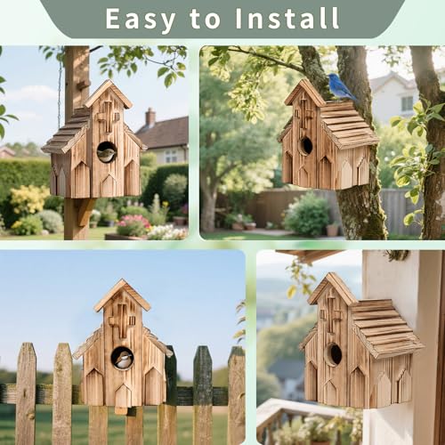 NATUREYLWL Church-Shaped Wooden Birdhouses, Cross Design Bird Houses for Outside, Hanging Birdhouse for Bluebird, Robin, Cardinal, Sparrow, and Finch, Bird Nesting Box for Outdoor Garden Decoration