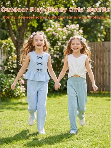 Image of Girls' Clothing Sets Sleeveless Bow Crop Top Wide Leg Linen Pants 2026 Summer Outfits Cute Kids Clothes