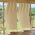 RYB HOME Windproof Outdoor Curtains - Weighted Bags Included Water Resist Outside Draperies Privacy Blackout for Patio, Outside Shower, Screen Porch, Pavilion, W 52 x L 108 inch, 2 Pcs, Beige
