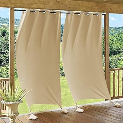 RYB HOME Windproof Outdoor Curtains - Weighted Bags Included Water Resist Outside Draperies Privacy Blackout for Patio, Outside Shower, Screen Porch, Pavilion, W 52 x L 108 inch, 2 Pcs, Beige