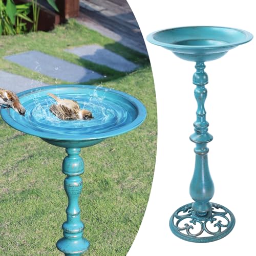 AIHAOKAN 26.6”H×12.3' W Cast Iron Pedestal Bird Bath，Metal Birdbaths Bird Feeder Seed Tray for Garden Yard Decor -Blue.