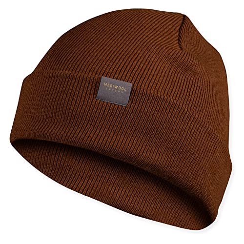 MERIWOOL Beanie for Men and Women - Merino Wool Blend Ribbed Knit Winter Hat Brown